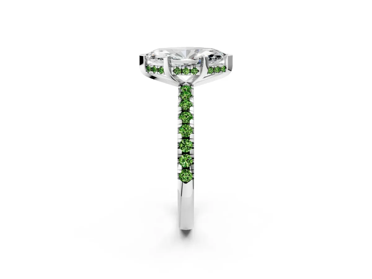 Marquise Cut Diamond Solitaire Ring with Round Peridot Pavé Band and Four-Prong Setting Silver