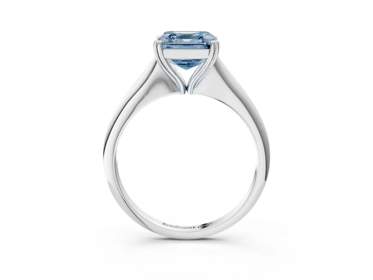 Fancy Blue Asscher Cut Solitaire Diamond Ring with Six-Prong Setting and Classic Band Platinum