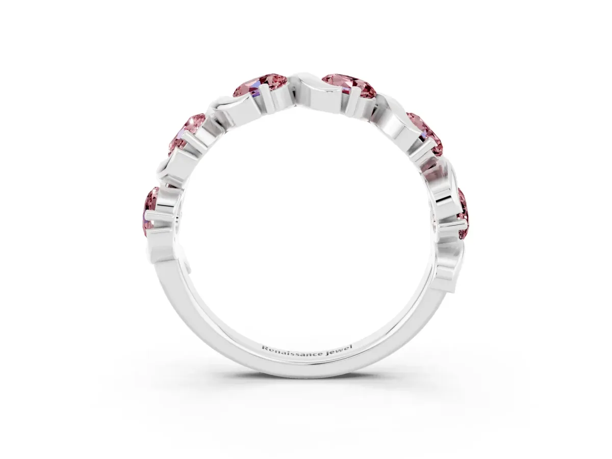 Round Morganite Half Eternity Band with Wave Prong Setting Platinum