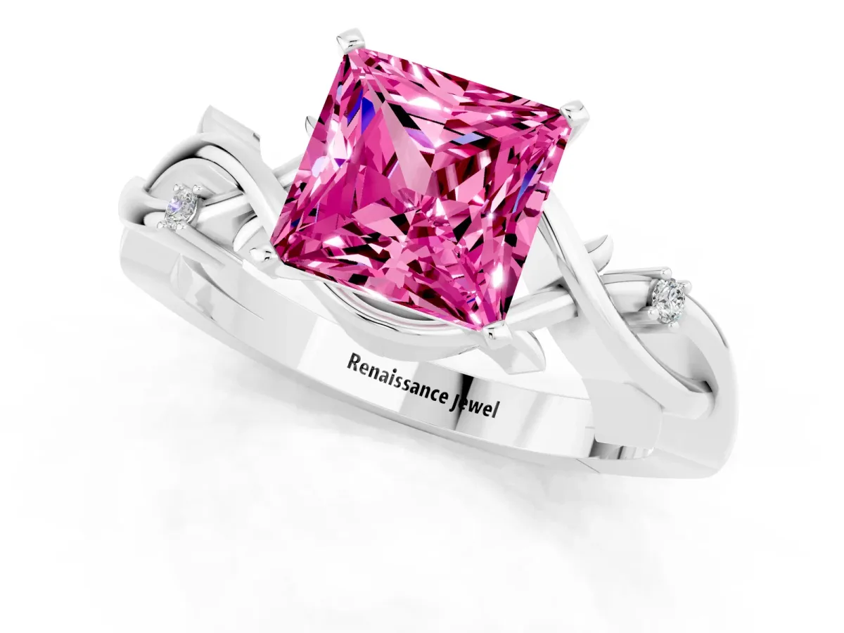 Princess Cut Pink Sapphire Solitaire Ring with Twisted Band and Prong Setting Silver