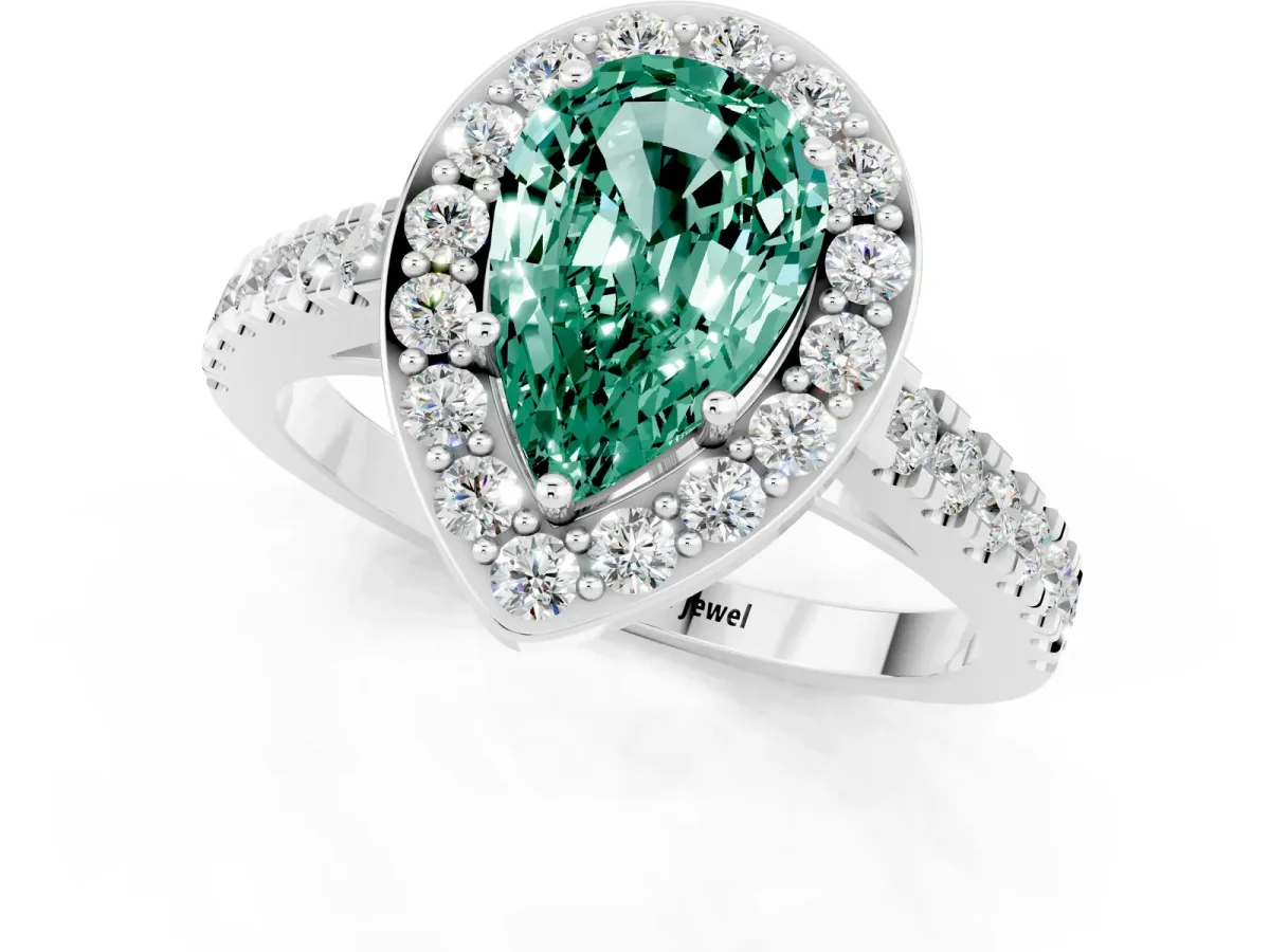 Pear Cut Green Sapphire Halo Ring with Round Pavé Split Shank and Prong Setting Platinum