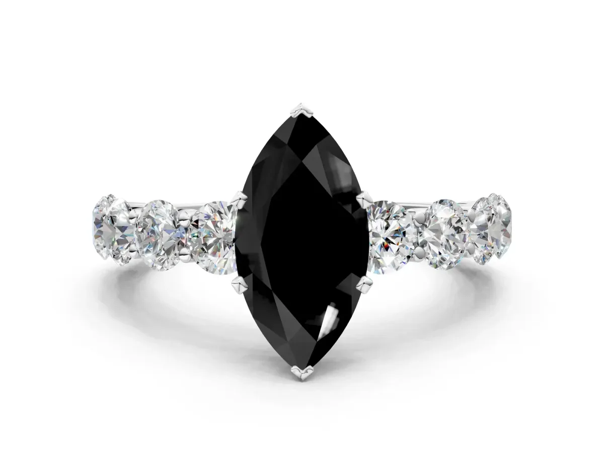 Fancy Black Marquise Cut Diamond Prong Setting with Side Stones on a Pave Band Silver