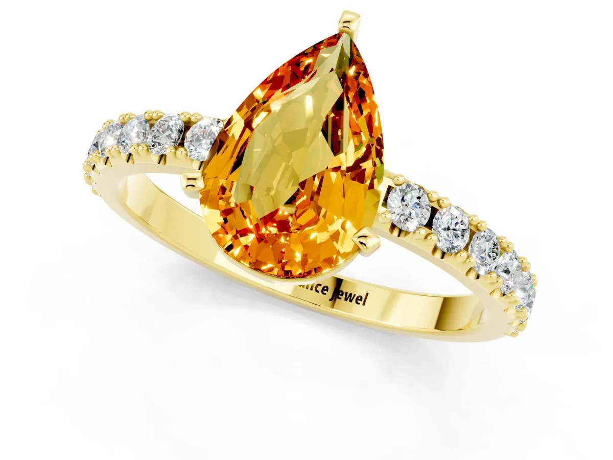 Pear Cut Citrine Solitaire Pavé Band with Four-Prong Setting Yellow gold