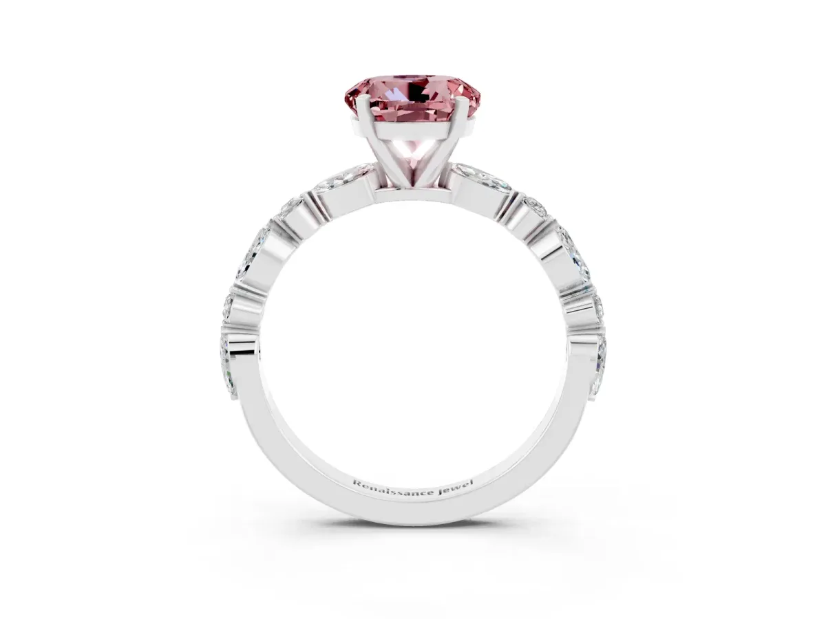 Round Cut Morganite Ring with Marquise and Round Side Stones and Four-Prong Setting Silver