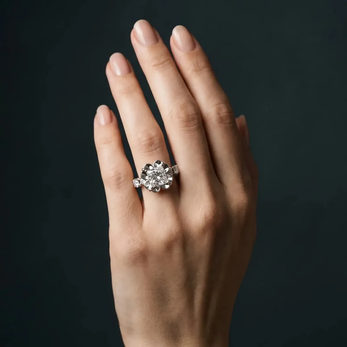 Princess Cut Cut Diamond Floral Halo Engagement Ring with Shared Prong Setting Silver