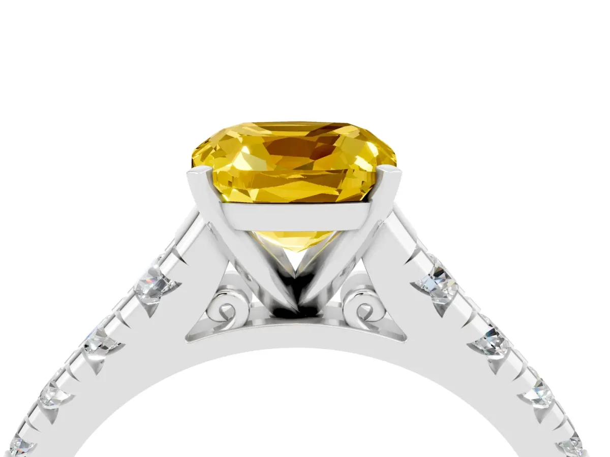 Cushion Cut Yellow Sapphire Cathedral Solitaire Ring with Round Pavé Band Silver