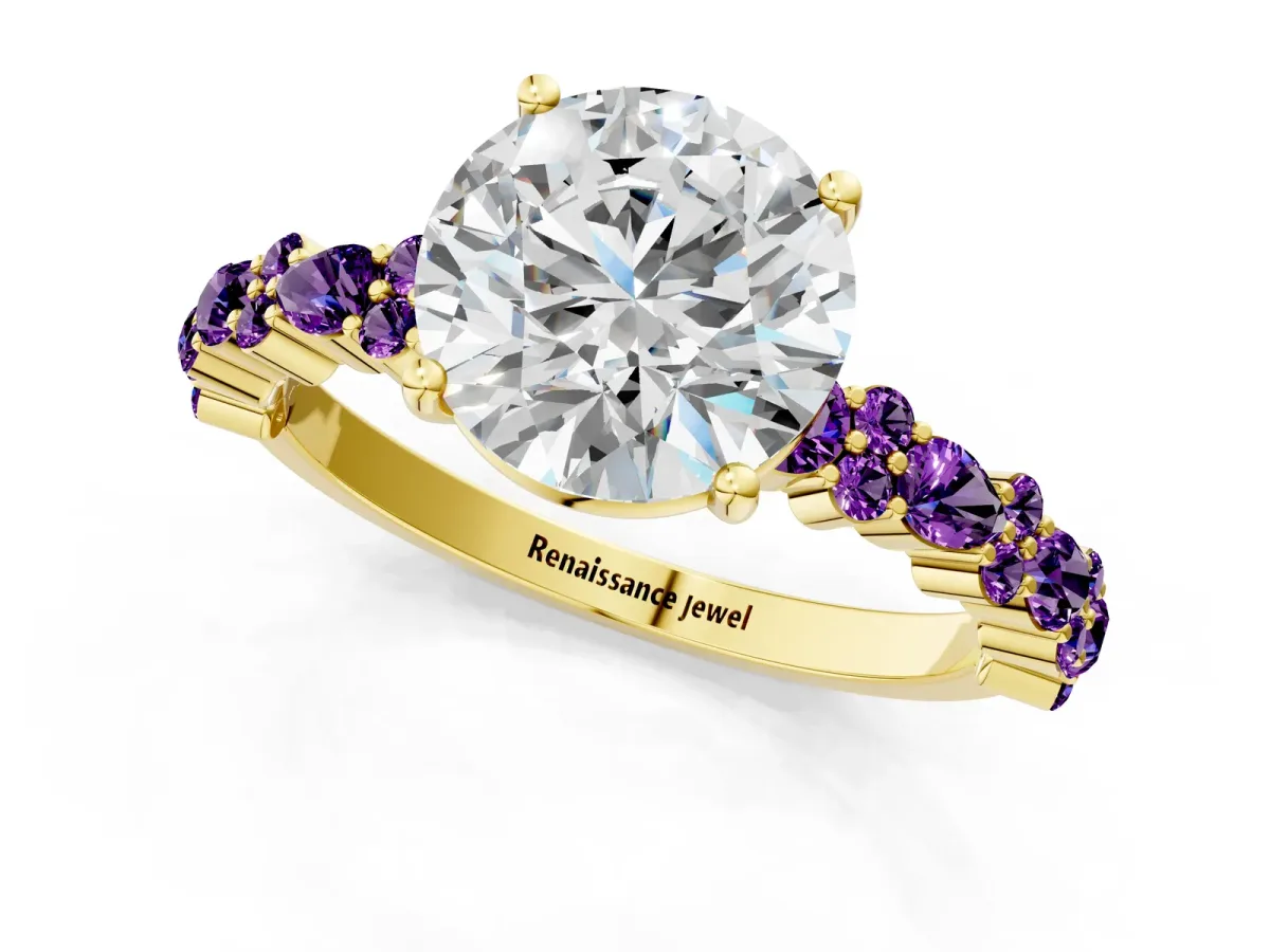 Round Cut Diamond Side Stone Solitaire Ring with Round Amethyst and Four-Prong Setting Yellow gold