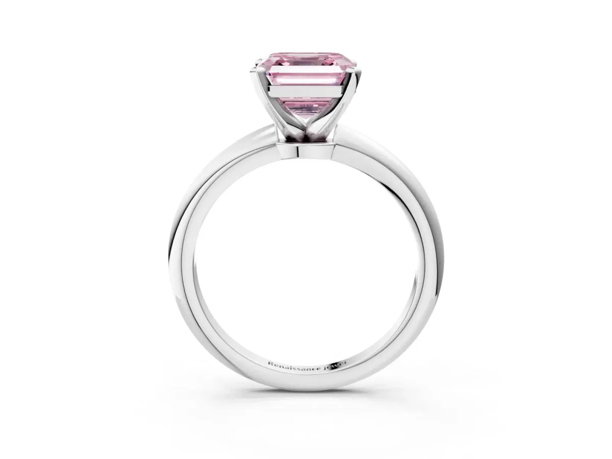 Fancy Pink Asscher Cut Diamond Solitaire Ring with Six-Prong Setting and Classic Band Silver