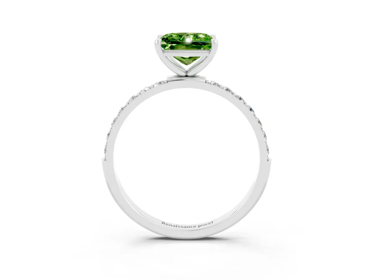 Princess Cut Peridot Solitaire Ring with Round Pavé Band and Prong Setting Silver