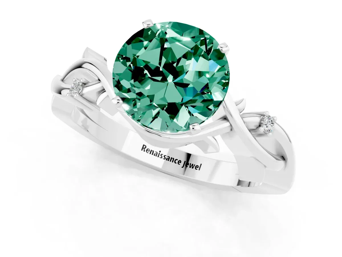 Round Cut Green Sapphire Solitaire Ring with Twisted Band and Prong Setting Silver