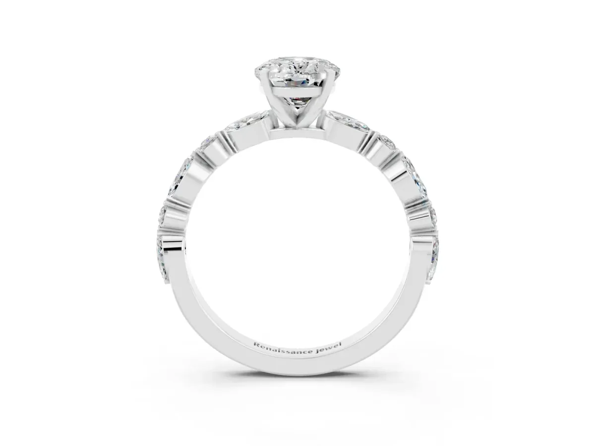 Oval Cut Moissanite Ring with Marquise and Round Side Stones and Four-Prong Setting Silver