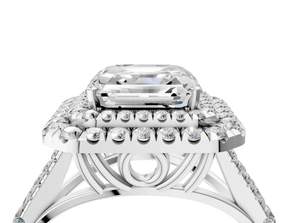 Asscher Cut Cut Double Halo Split Shank Diamond Ring with Prong Setting Platinum