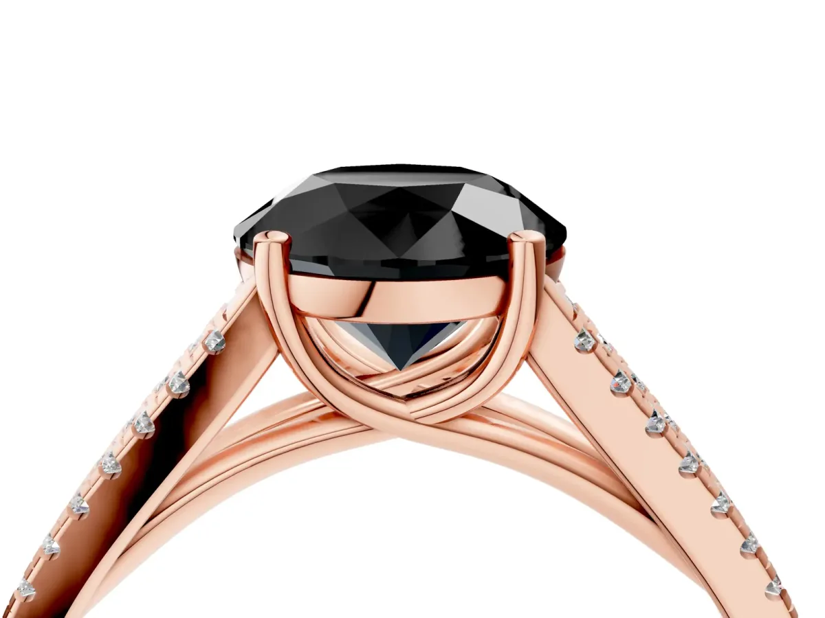 Fancy Black Round Cut Diamond Solitaire Engagement Ring with Split Shank Pavé Band Rose gold