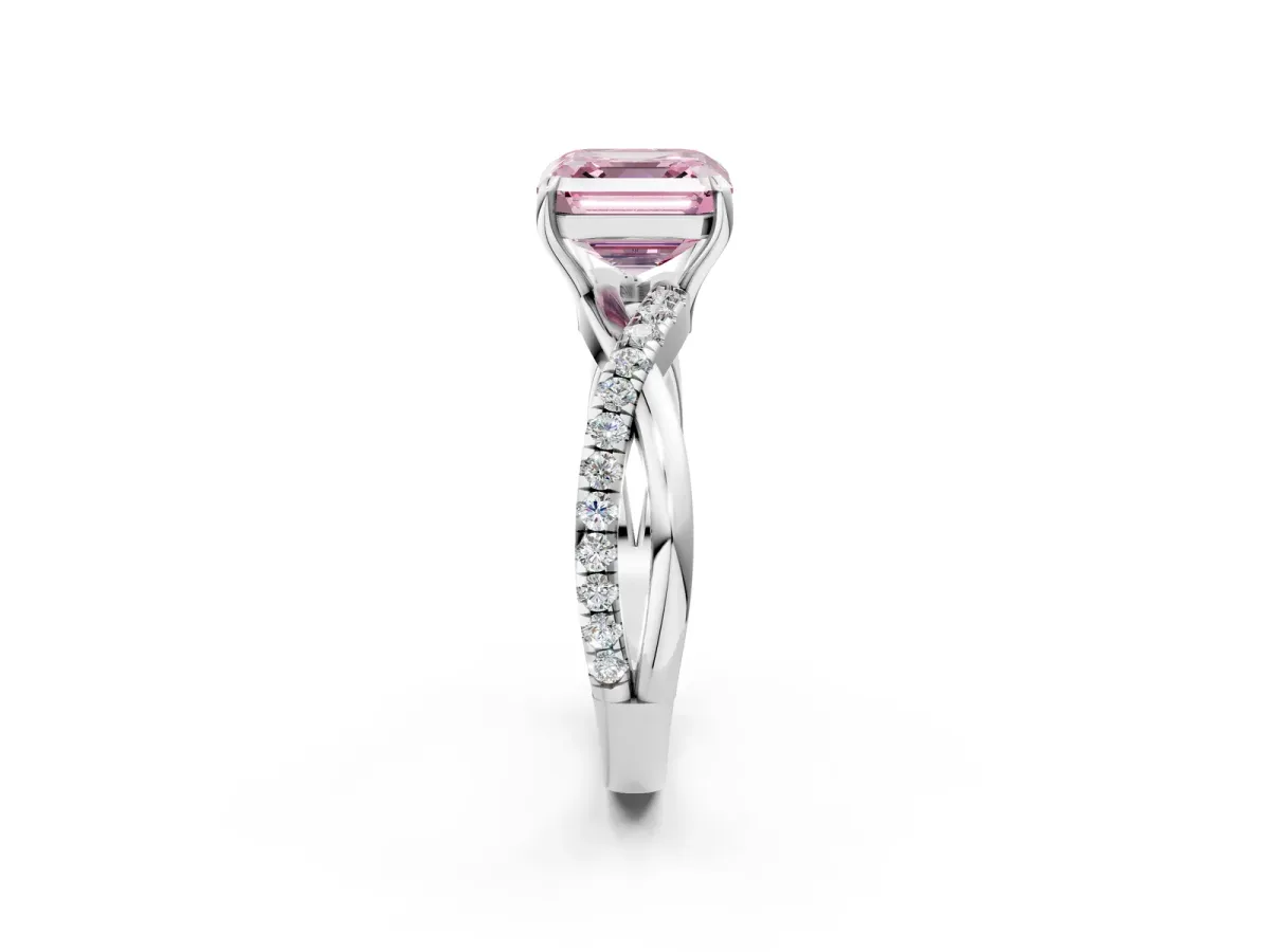 Fancy Pink Asscher Cut Cut Diamond Twisted Band with Pavé Setting and Four-Prong Setting Platinum