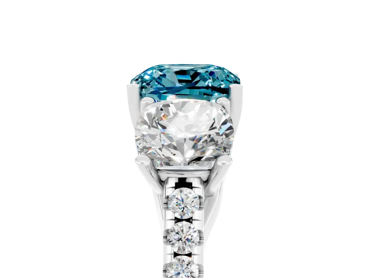 Three-Stone Cushion Cut Blue Topaz Ring with Round Pavé Band and Prong Setting Silver