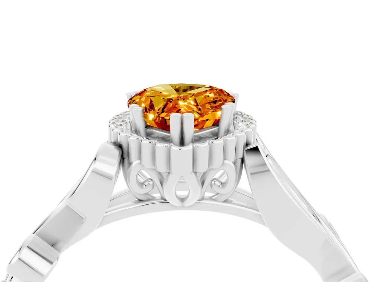 Pear Cut Citrine Halo Ring with Vintage Split Shank and Four-Prong Setting Platinum