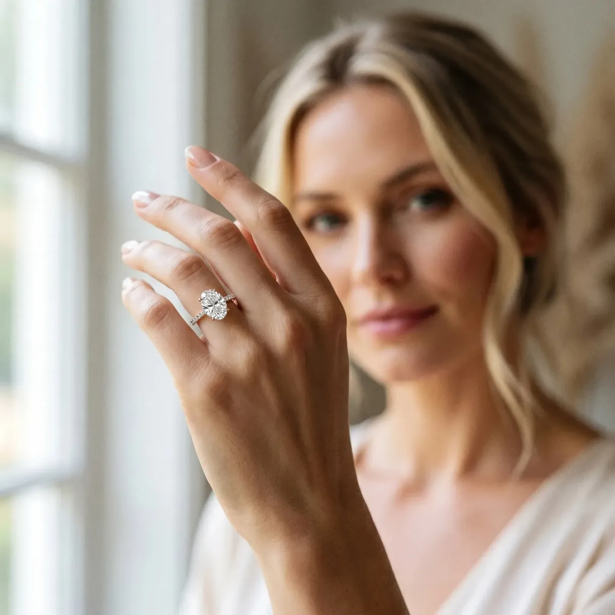 Oval Cut Diamond Solitaire Ring with Round Pavé Band and Prong Setting Rose gold