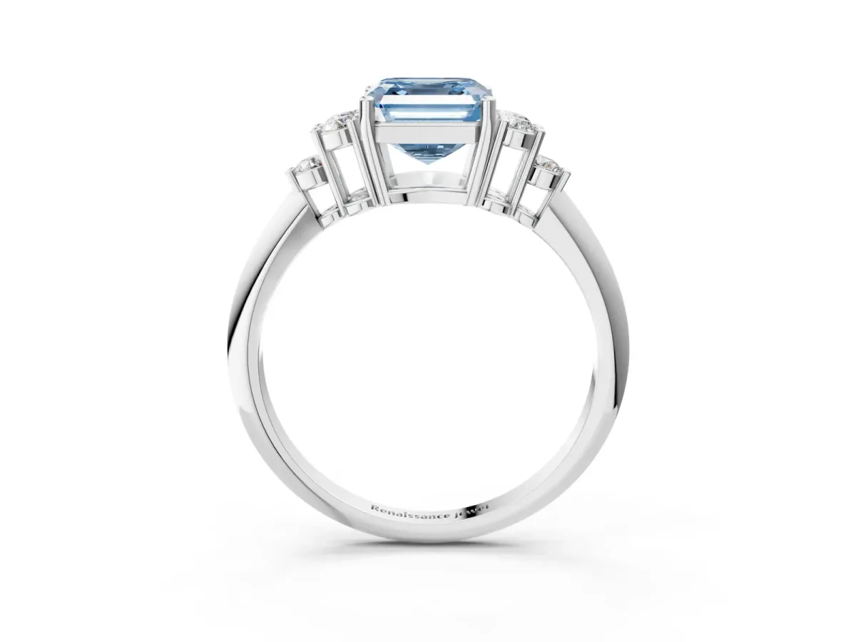 Fancy Blue Asscher Cut Cut Diamond Cluster Ring with Solitaire Band and Four-Prong Setting Platinum