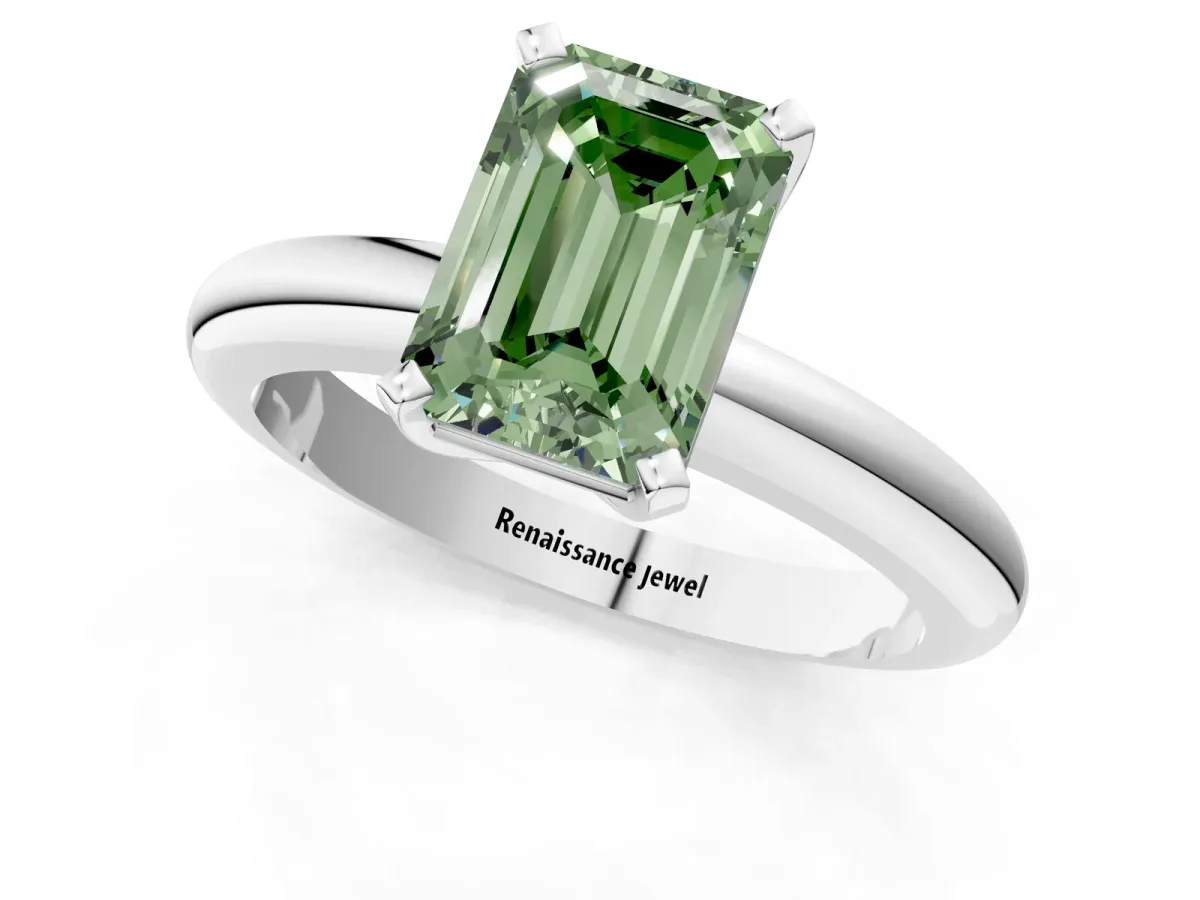 Fancy Green Emerald Cut Diamond Solitaire Engagement Ring with Round Band and Four-Prong Setting Silver