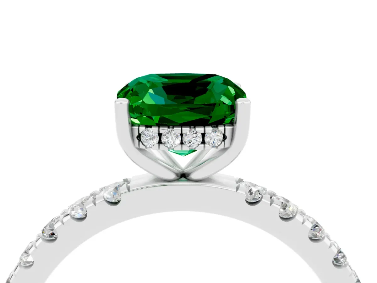 Cushion Cut Emerald Pave Band Solitaire Ring with Round and Prong Setting Platinum