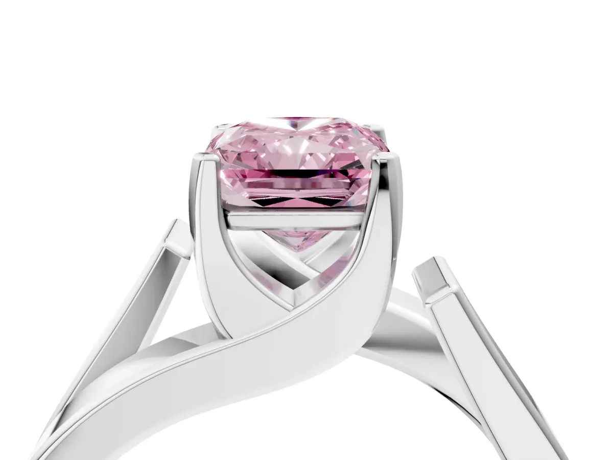 Fancy Pink Modern Tension Set Radiant Cut Diamond Solitaire Wide Band Ring Silver