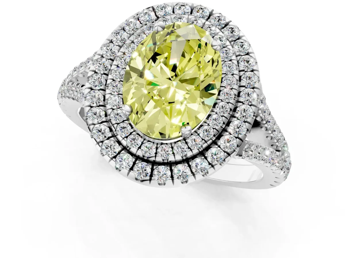 Fancy Yellow Oval Cut Diamond Double Halo Ring with Pavé Band and Prong Setting Silver