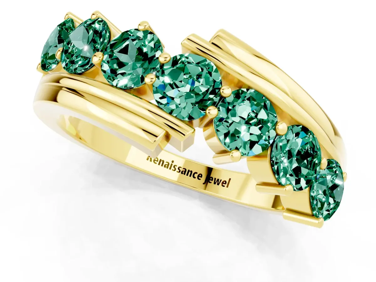 Round Green Sapphire Wave Band with Channel and Shared Prong Setting Yellow gold