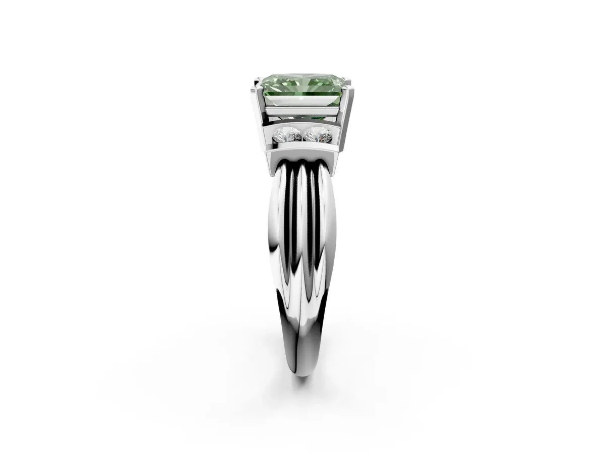 Fancy Green Radiant Cut Cut Three-Stone Channel Set Ring with Bar Prongs Platinum