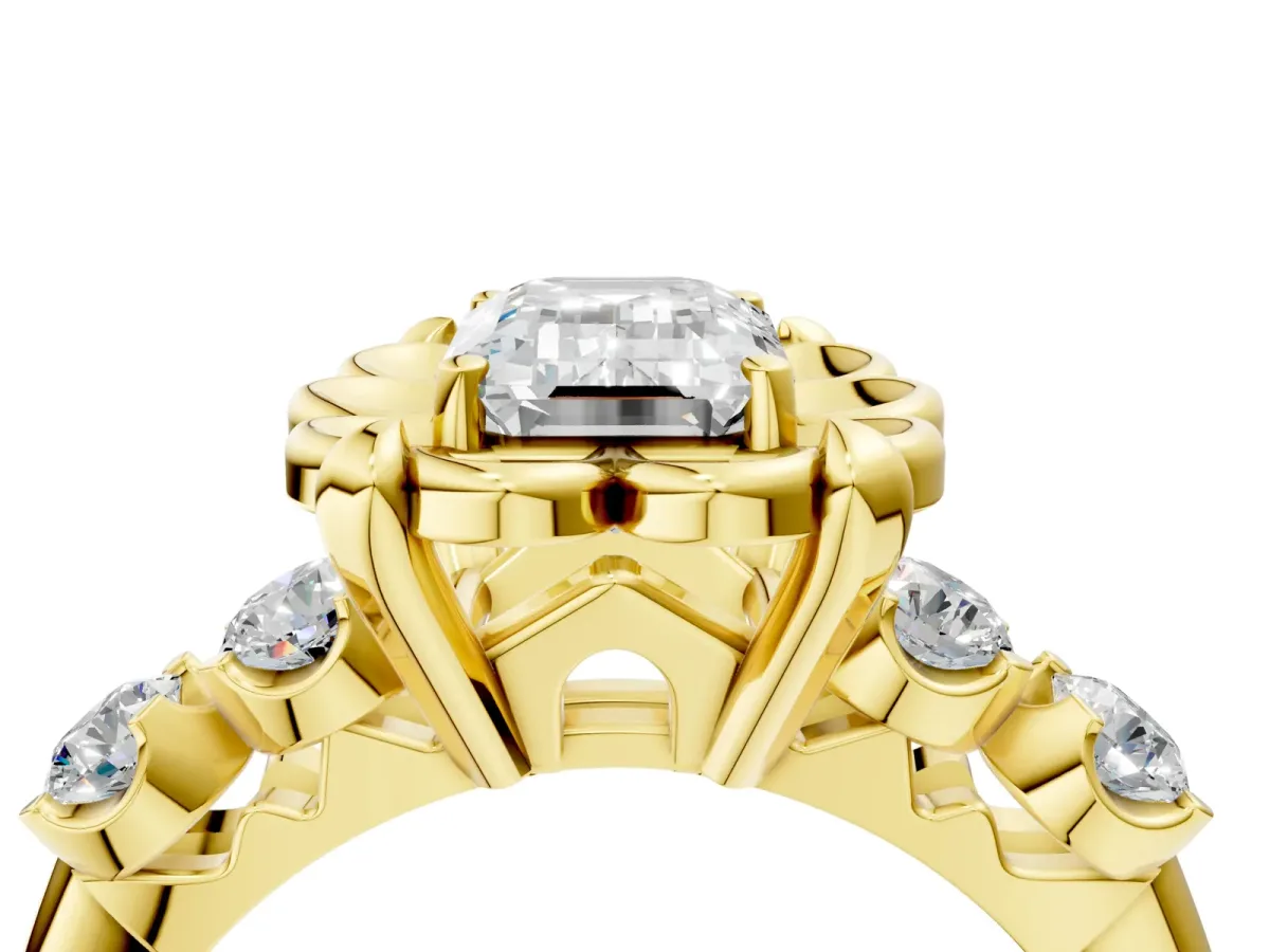 Emerald Cut Cut Diamond Floral Halo Engagement Ring with Shared Prong Setting Yellow gold