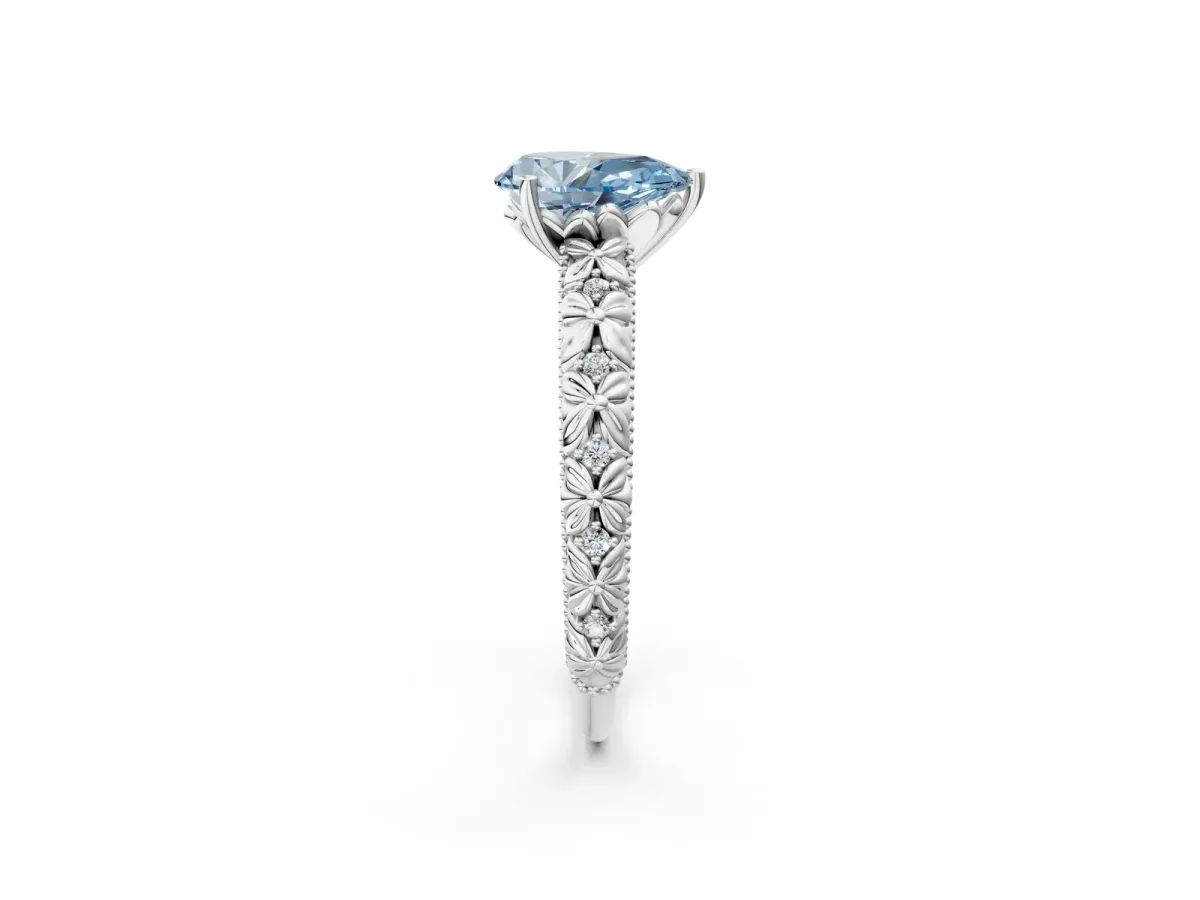 Fancy Blue Pear Cut Solitaire Floral Milgrain Engagement Ring Platinum