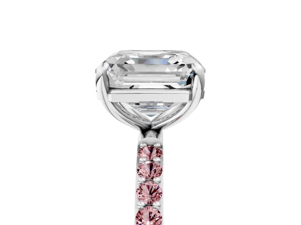 Asscher Cut Diamond Solitaire Ring with Round Morganite Pavé Band and Prong Setting Silver