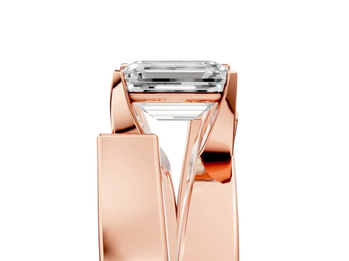 Modern Tension Set Emerald Cut Diamond Solitaire Wide Band Ring Rose gold