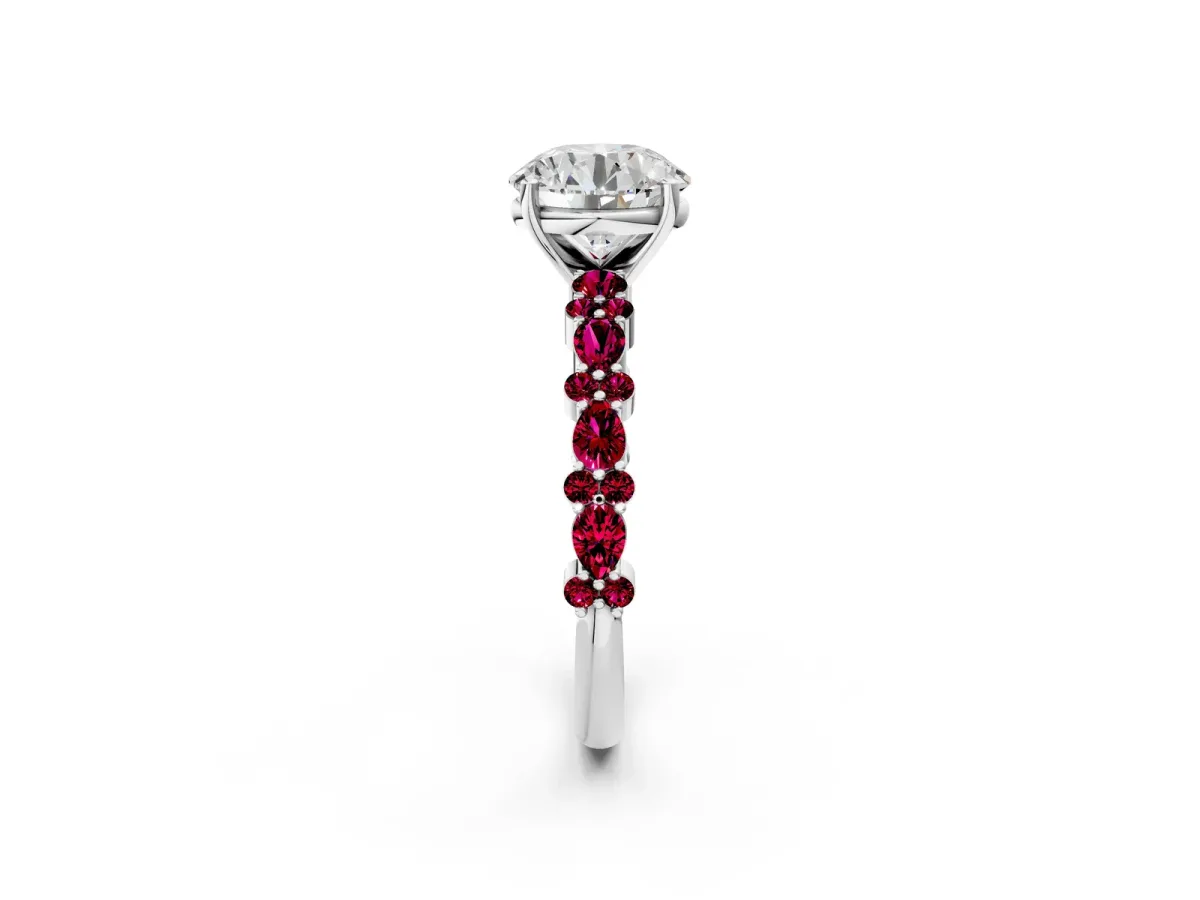 Round Cut Diamond Side Stone Solitaire Ring with Round Garnet and Four-Prong Setting Platinum