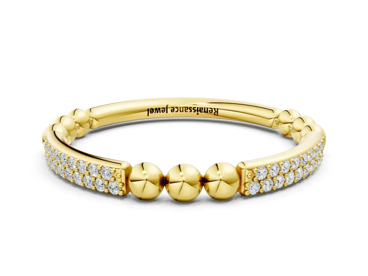 Pave Round Diamond Beaded Band with Shared Prong Setting Yellow gold