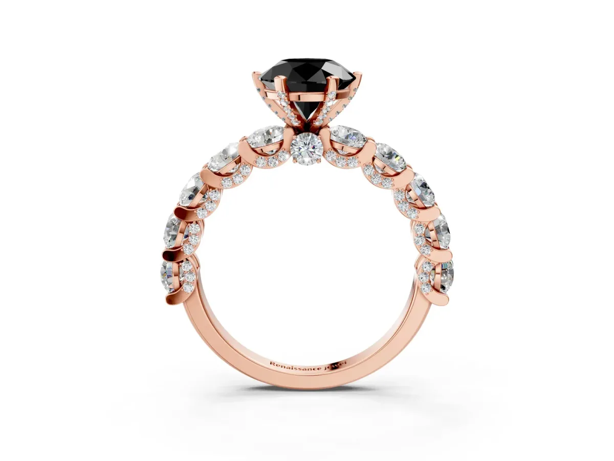 Fancy Black Round Cut Diamond Side Stone Engagement Ring with Four-Prong Setting Rose gold