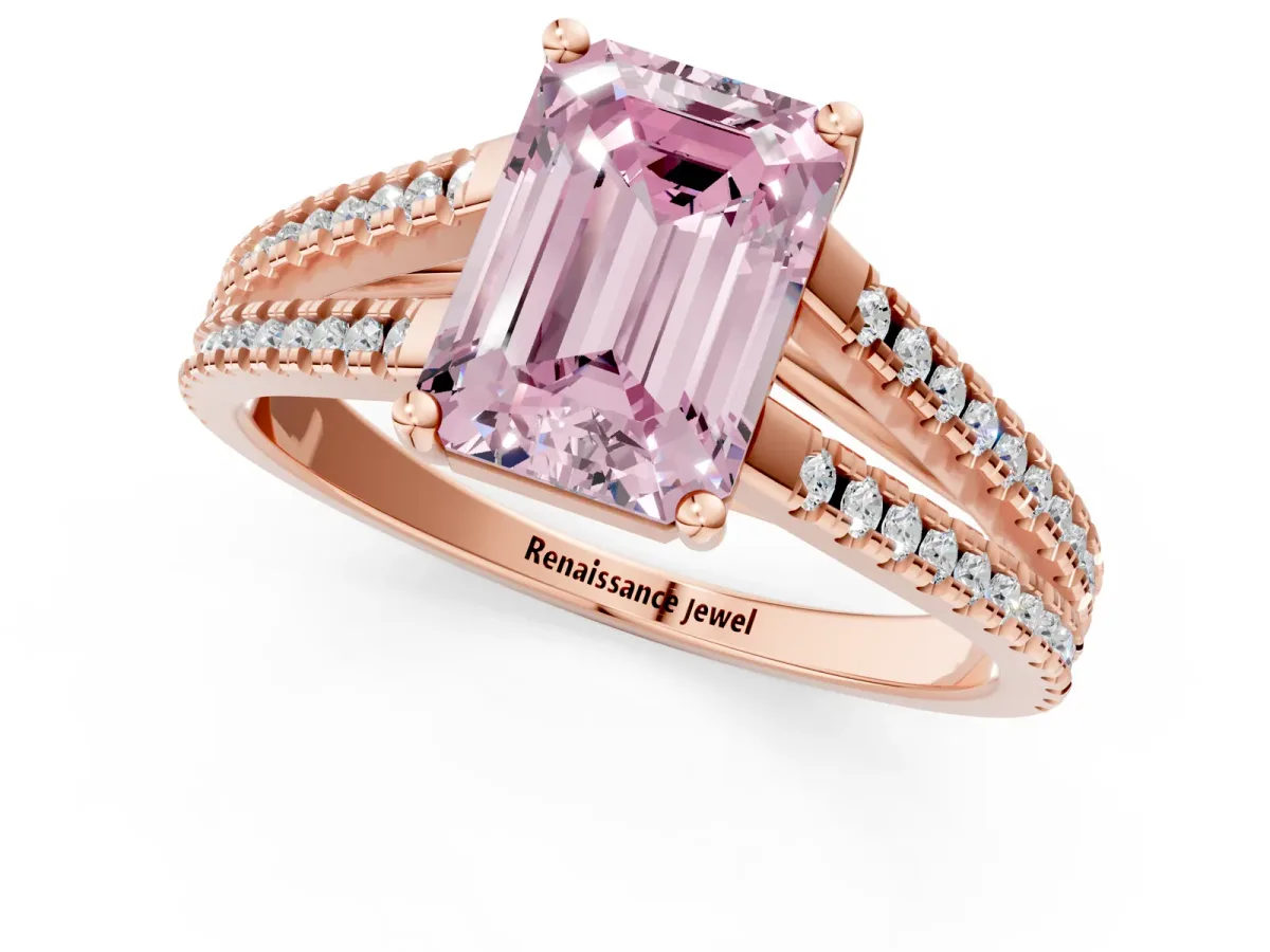 Fancy Pink Emerald Cut Diamond Solitaire Engagement Ring with Split Shank Pavé Band Rose gold