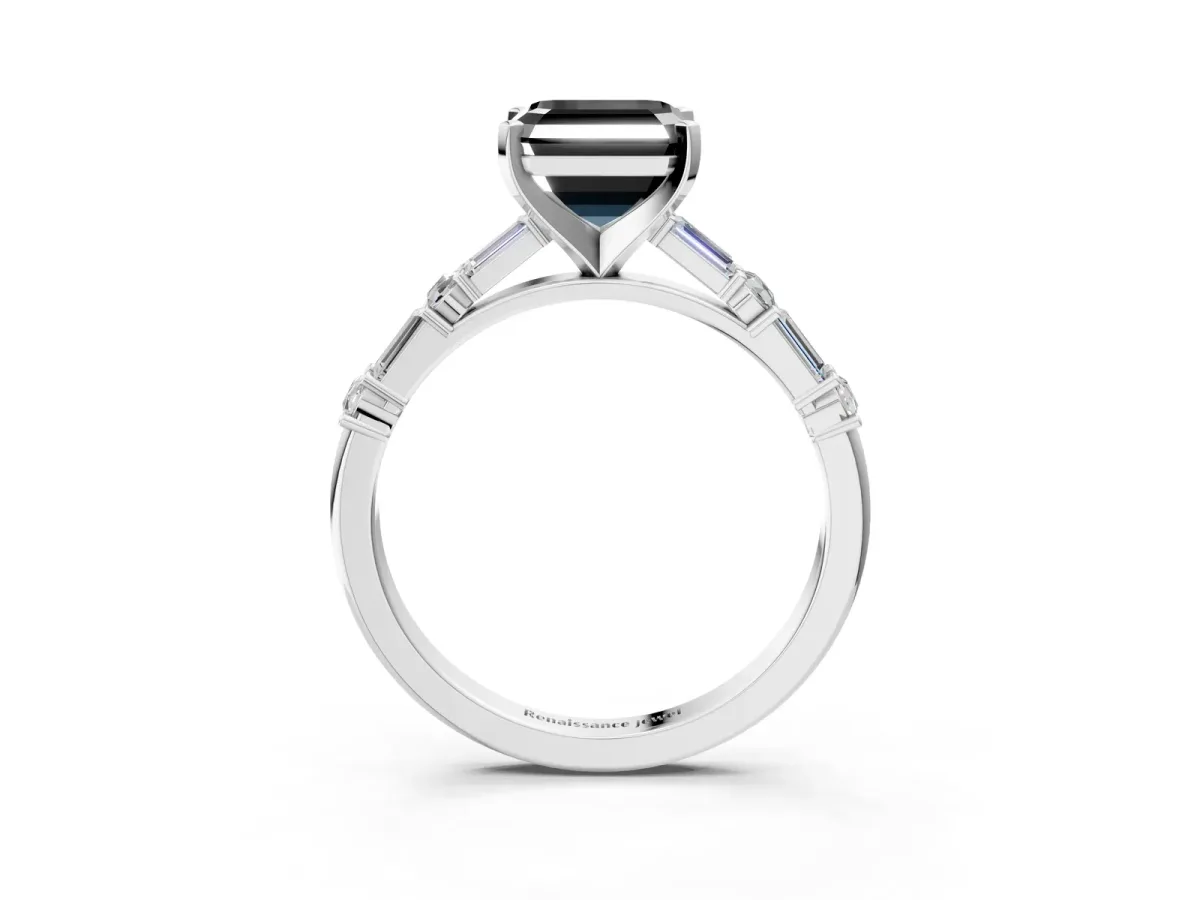 Fancy Black Asscher Cut Diamond Solitaire with Side Baguettes and Channel Set Band Silver