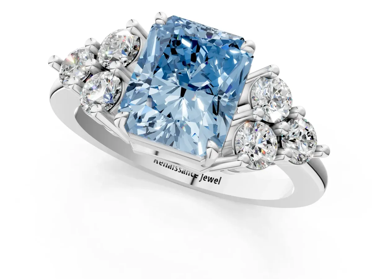 Fancy Blue Radiant Cut Brilliant Diamond Cluster Accent Solitaire Ring with Prong Setting Platinum