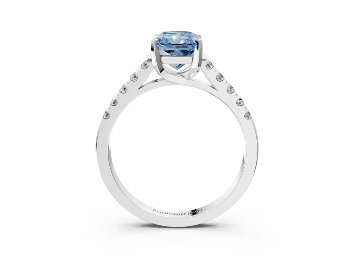 Fancy Blue Radiant Cut Diamond Pavé Band Solitaire Ring with Prong Setting Platinum