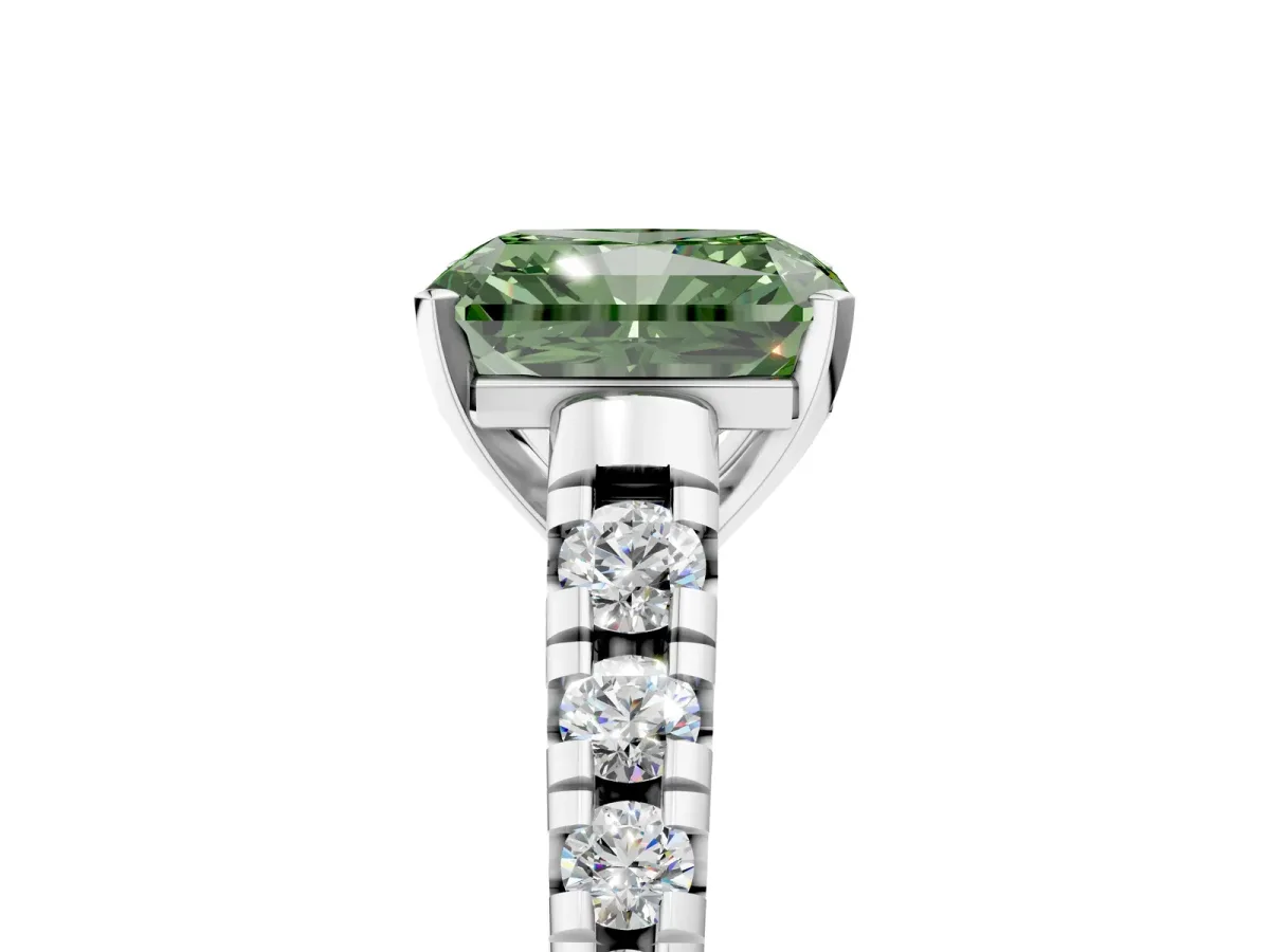 Fancy Green Radiant Cut Diamond Cathedral Solitaire Ring with Round Pavé Band Silver