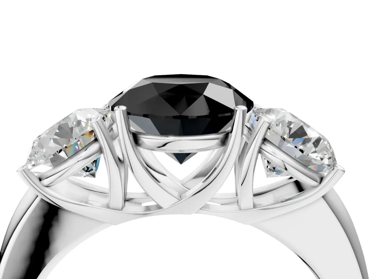 Fancy Black Round Cut Diamond Three-Stone Ring with Four-Prong Setting and Classic Band Platinum