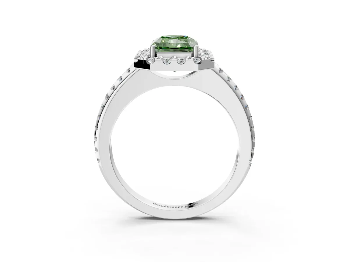 Fancy Green Radiant Cut Diamond Pavé Halo Ring with Four-Prong Setting Platinum
