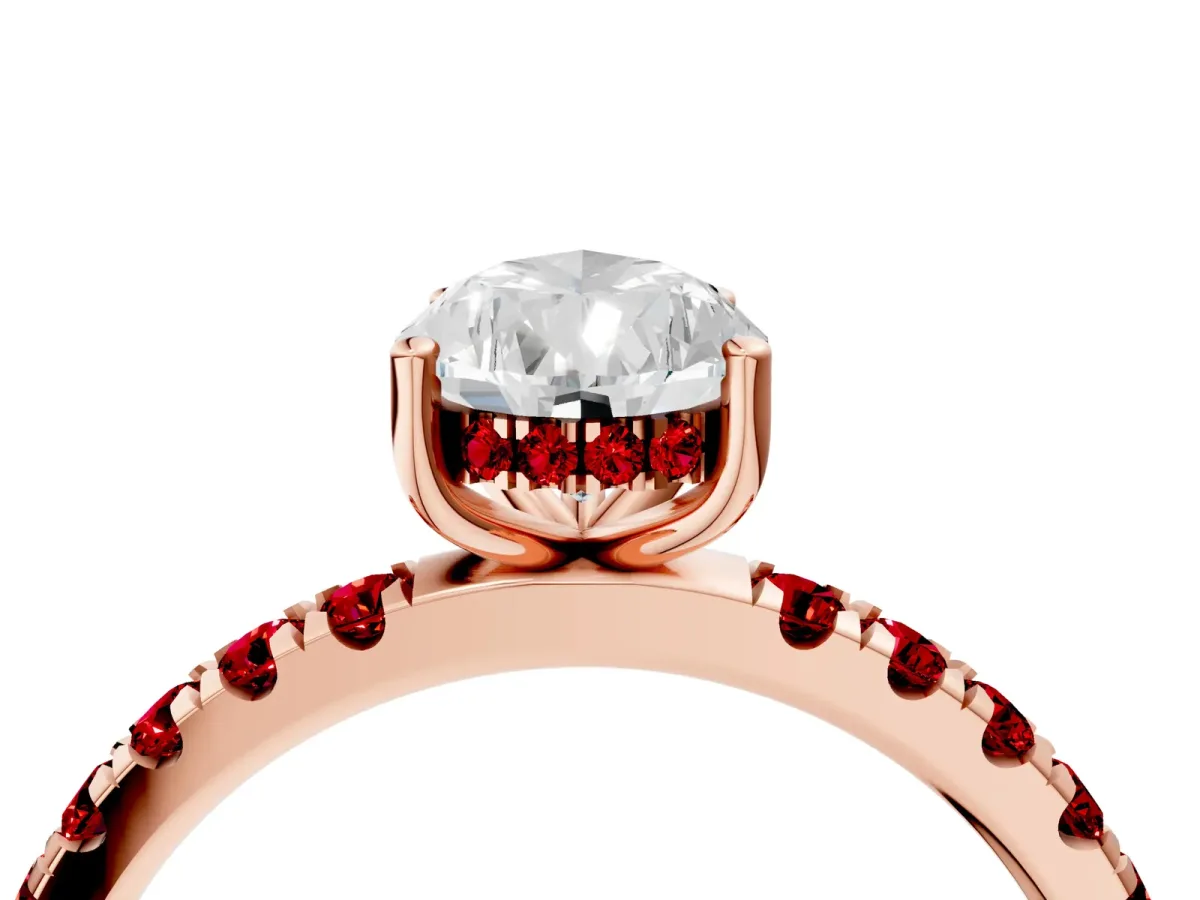 Pear Cut Diamond Pave Band Solitaire Ring with Round Ruby and Prong Setting Rose gold