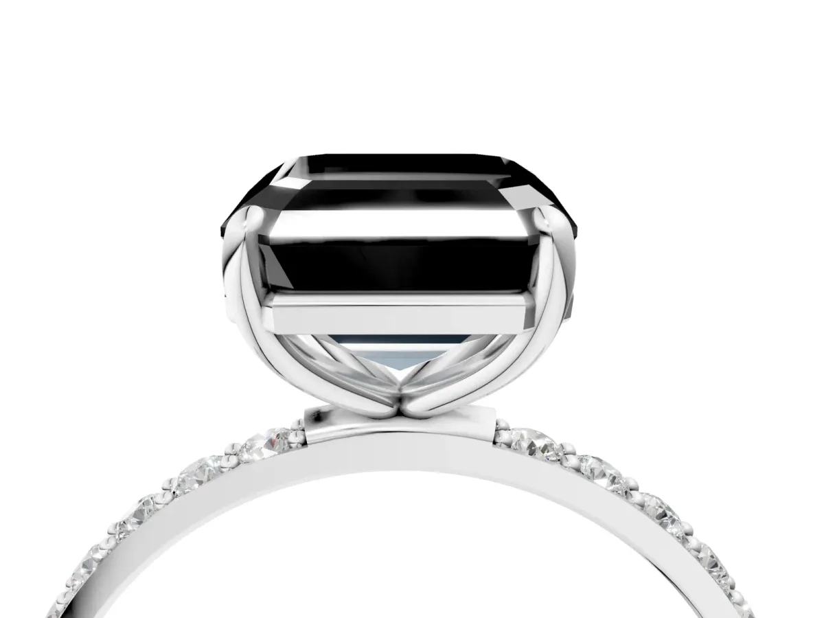 Fancy Black Asscher Cut Diamond Solitaire Ring with Round Pavé Band and Prong Setting Silver