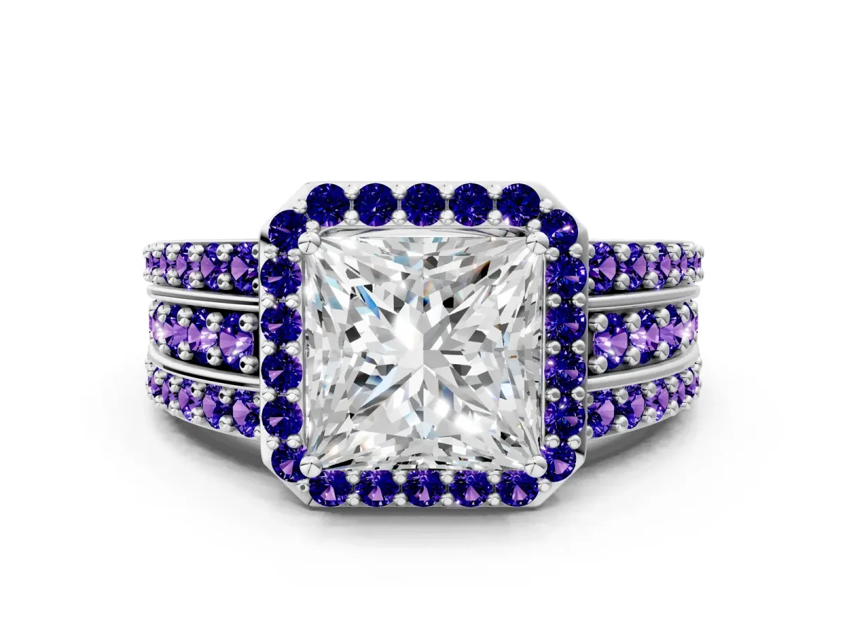 Princess Cut Halo Diamond Ring with Round Tanzanite Split Shank and Prong Setting Silver