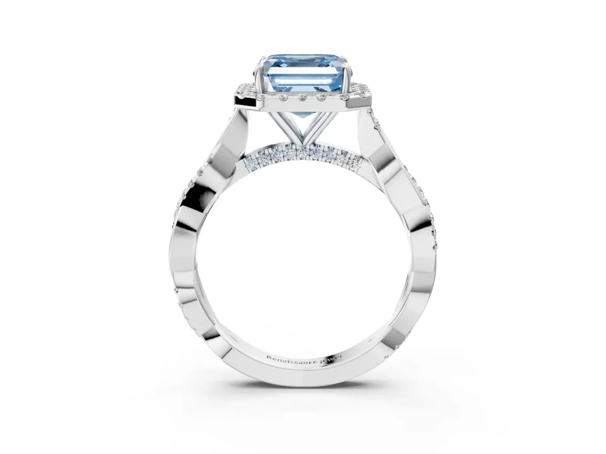 Fancy Blue Asscher Cut Halo Twist Band Solitaire Ring Platinum