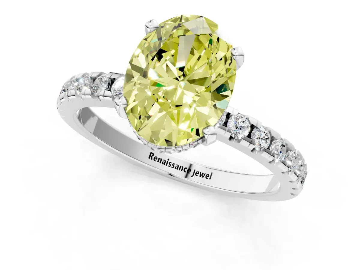 Fancy Yellow Oval Cut Diamond Solitaire Ring with Round Pavé Band and Four-Prong Setting Silver