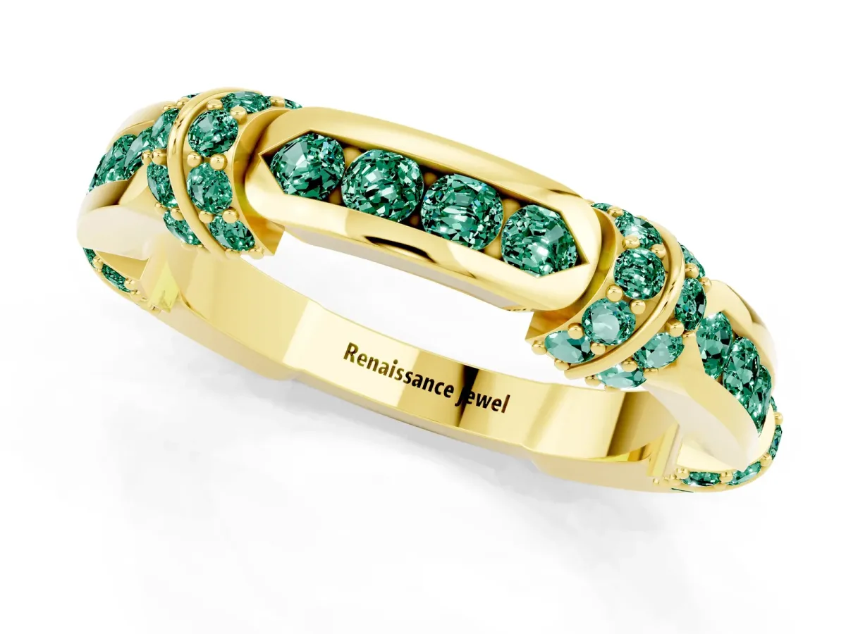 Pavé Round Green Sapphire Link Band with Bezel Setting Yellow gold