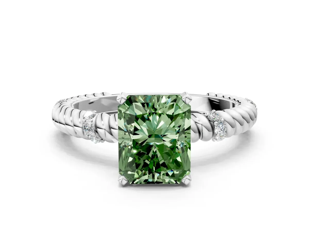 Fancy Green Radiant Cut Solitaire Twisted Band Prong Set Engagement Ring Silver