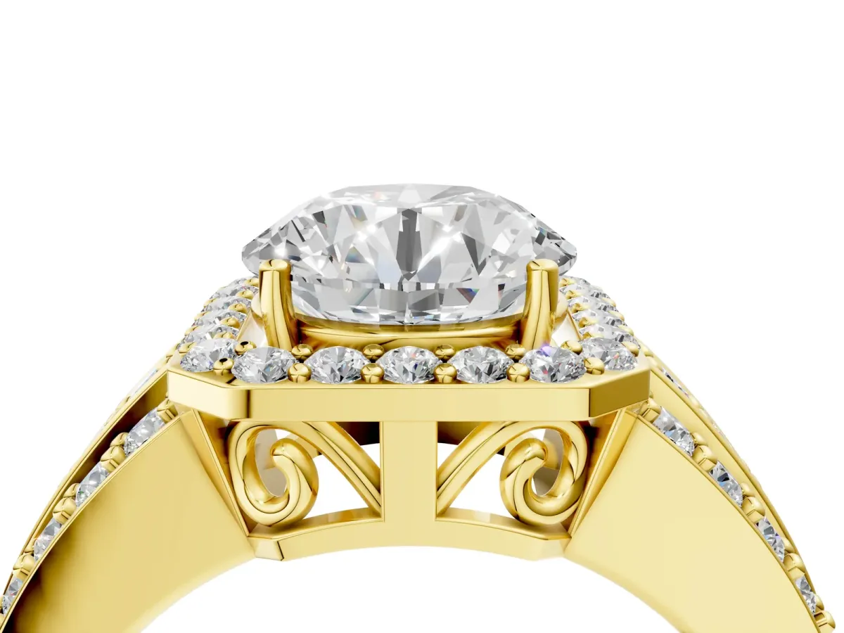 Round Cut Halo Diamond Ring with Round Split Shank and Prong Setting Yellow gold